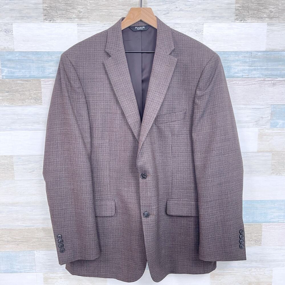 Jos A Bank Travelers Wool Tailored Fit Sport Coat Brown Plaid Mens 44L 44 Long